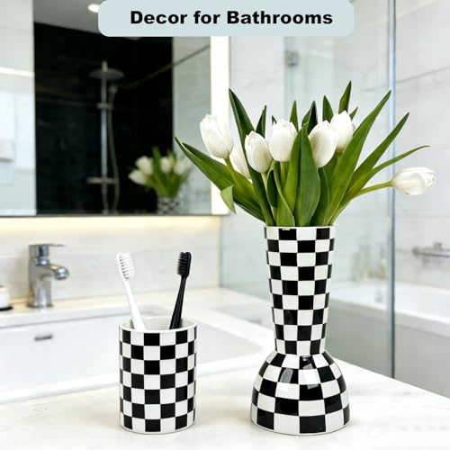Black and White Checkered Vase, Aesthetic Modern Ins Cool Flower Vases for Home Decor, Entryway Table, Centerpieces Decoration, Kitchen, Living/Dining Room, Bedroom, Bathroom, Coffee Tables (Ceramic) - color: Black