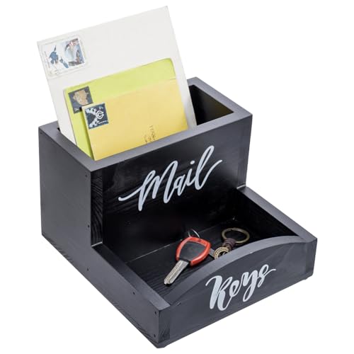 MyGift Urban Modern Mail Holder and Key Organizer Tray in Black Stained Solid Wood Finish, Entryway Storage Catchall with Cursive Mail and Keys Word Design, Office Desktop Organizing Bin - color: Coal Black