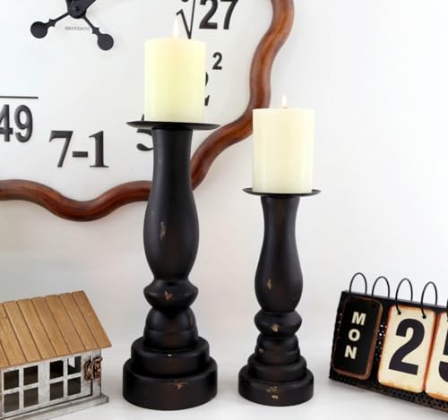 Black Worn Pillar Candle Holder - Rustic Wooden Farmhouse Candlestick Holders for - 2 Piece Set - color: Black-01