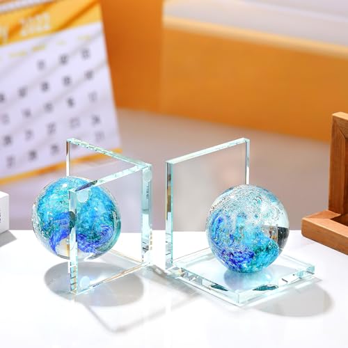 Book Ends for Shelves, Glass Bookends with Deep Ocean Blue Crystal Hand Blown Sea Wave Ball, Non Skid Sturdy Glass Decorative Bookends for Ocean Lovers, Heavy Books, Office, Set of 2 - color: Dark Blue+green