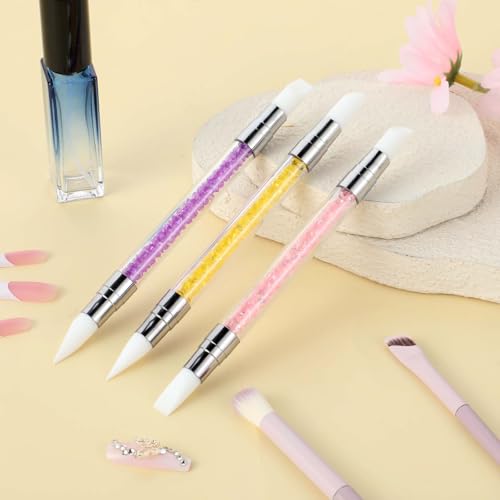 3 Pcs Nail Art Sculpture Pen, Dual Tipped Silicone Nail Tools, Silicone Head Acrylic Handle Nail Art Brushes, Rhinestone Nail Polish Carving Pen, Nail Art Tools for Home Salon(Yellow, Pink, Purple) - color: Yellow, Pink, Purple