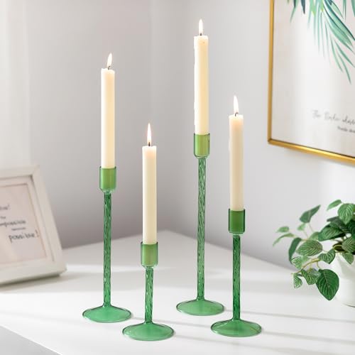 Glasseam Green Glass Candlestick Holder: Tall Candle Stick Holder Set of 4 Candlestick Holders for Taper Candles Modern Decorative Candle Holders for Table Centerpiece Wedding Christmas Home Decor - color: Green