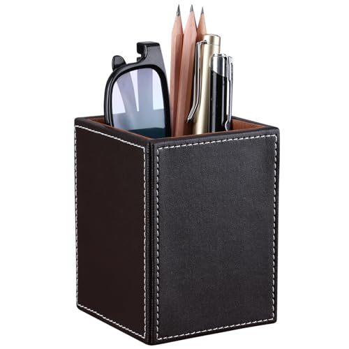 KINGFOM PU Leather Square Pens Pencils Holder Cup Desktop Stationery Organizer Case Office Accessories Container Box Brown - color: Brown-S