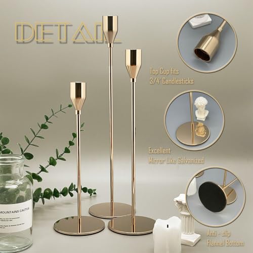 3Pcs French Gold Candlestick Holders Set Fit 3/4" Tall Taper Candle Home Decorative Table Centerpieces for Family Dinning, Party Decoration - color: French Gold, size: 3 set