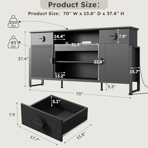 LGHM 70'' Fluted TV Stand with Power Outlets, Stylish Modern Entertainment Center with Drawers for TVs Up to 80”, 38'' Tall TV Stand, Media Console for Living Room, Metal Legs Design, Black - size: 38''H TV Stand