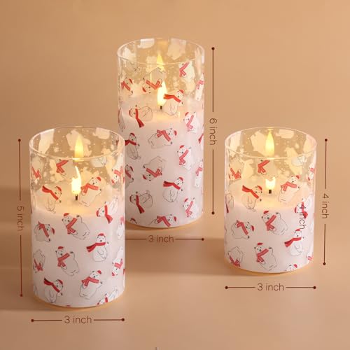 Eywamage Christmas Glass Flameless Pillar Candles with Remote, Flickering LED Battery Candles Bear Holiday Winter Table Decor Gift Set of 3 - color: Bear