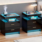 Smart LED Nightstand Set of 2 - with - Modern Night Stand with Wireless Charging Station, Glass Top Bedside Table with Drawers for Bedroom, Glossy End Table with Human Body Induction (Black) - color: Black X2 2 Drawers-glass Top