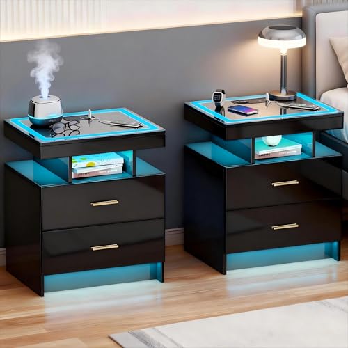 Smart LED Nightstand Set of 2 - with - Modern Night Stand with Wireless Charging Station, Glass Top Bedside Table with Drawers for Bedroom, Glossy End Table with Human Body Induction (Black) - color: Black X2 2 Drawers-glass Top