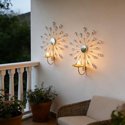Crystal Rhinestone Wall Candle Sconces Set of 2 Bling Diamond Metal Sunburst Candle Holders Iron Decorative Wall Mounted Holders for Living Room Bedroom Bathroom Gold - color: Gold