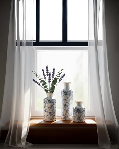 Ceramic Vase Set of 3, Vintage Ceramic Flower Vases, Crackle-Glaze & Distressed Rim, Blue Botanical Pattern, for Home Decor, Living Room Mantel & Dining Table Centerpiece - color: Blue