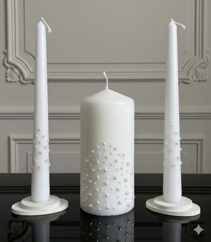 Unity Candle Set - Wedding Ceremony & Reception – 6” Pillar & Two 10” Taper Candles – Long Burning Unity Candles for Marriage Ritual – Handmade in USA – White| Pearls