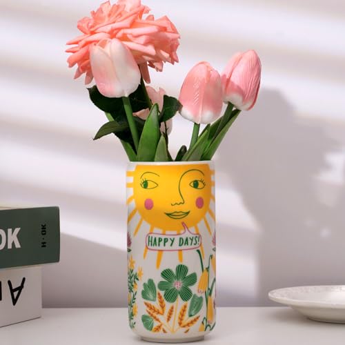 Tnstbiee Cute Medium Ceramic Flower Vase - Colorful Boho Decor with Unique Abstract Round Design for Weddings, Mother's Day, and Friends - Ideal for Displaying Flowers or Pens - color: Sun Vase