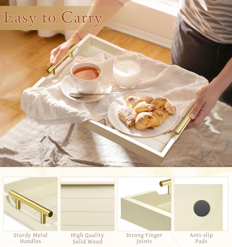 SXNOWS Ottoman Tray for Coffee Table & Couch, Large Wooden Serving Tray with 2 Set of Handles - Modern Farmhouse Rectangle Decorative Tray for Living Room Kitchen Includes 4 Coasters, Off-White/Cream - color: Off-white