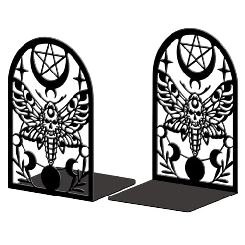 Peacoblue Metal Bookends for Shelves, Modern Decorative Heavy Duty Study Book Ends Stoppers for Office, Desk, Shelf, Room 5.3"x4.3"x7.9" Cast Iron Simple Tall Bookends 1 Pair (Death Moth) - style: Death Moth
