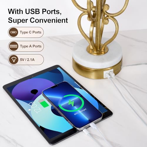 Scenekoy Table Lamp Set of 2 with USB Ports, Pull Chains Switch, 28” Gold Leaf Curved Iron Art Bedside Lamps with Linen Shade for Living Room Bedroom, Nightstand Lamps for Home Room Decor - size: 28 inches Gold Leaf -039