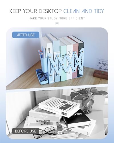 Heavy Duty Bookends Adjustable Book End, Desk Book Holder for Shelves, Book Organizer for Desk, Suitable for Office Home School (19.69 inches Max) (Light Blue) - color: Light Blue