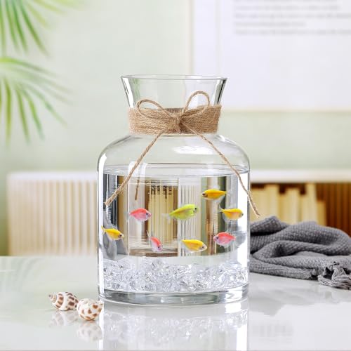 8" Decorative Modern Flower Vase with Twine Rope for Floral Arrangements, Wide Mouth Large Clear Glass Vase for Bouquet(Transparent) (Clear, 03) - color: Clear, size: 03