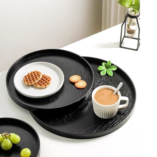River Round Wood Serving Tray, Solid Wooden Decorative Tray Non-Slip Tea Coffee Table Tray Snack Plate Food Meals Serving Tray with Raised Edges for Home Decor Kitchen Restaurant(11.8inch/30cm, Black) - size: 11.8"