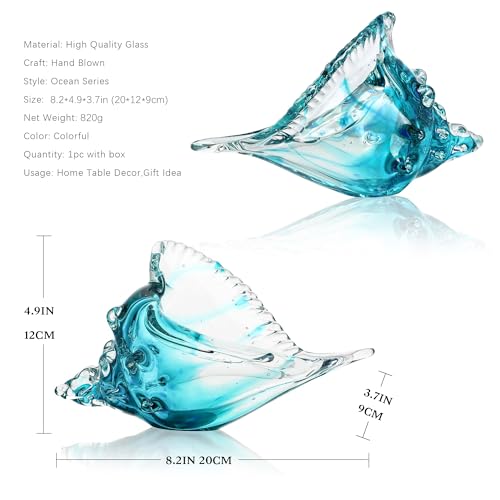 Blown Glass Conch Shell Sculpture, 8.2" Sea Glass Art Decor, Conch Shell Decorative Statues, Seashell Sculpture for Dining Tables, Entryways, Coffee Tables, Living Room, Shelf Fillers Gift for Women - color: Half Blue