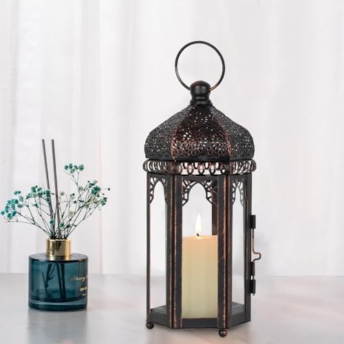DECORKEY Vintage Medium Size Lantern Decorative Indoor & Outdoor, Moroccan Hanging Lantern with Clear Glass, Metal Tabletop Candle Lanterns for Front Porch Patio Decor, Christmas Decorations - color: Clear 2, size: Medium