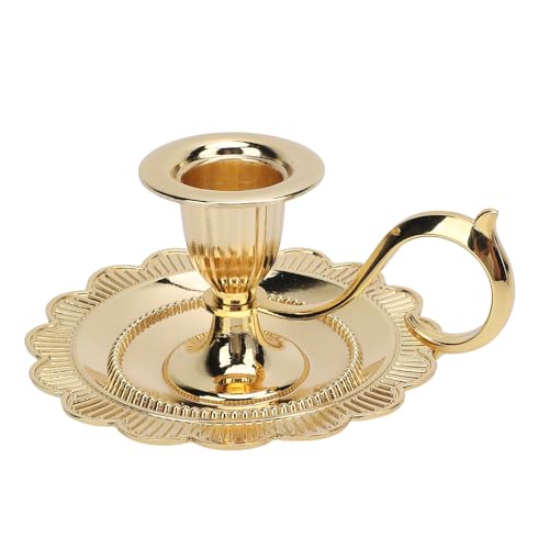 Retro Handheld Candlestick Holder, Vintage Zinc Alloy Candle Stand with Flat Base and Tapered Edges, for Romantic Dinners Home Decoration (Gold) - color: Gold