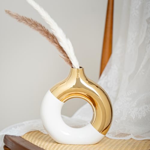 White and Gold Donut Vase, Modern Ceramic Vase for Pampas Grass, Perfect Centerpiece for Weddings, Living Room, and Office Decor (White Gold, L) - color: White Gold, size: Large