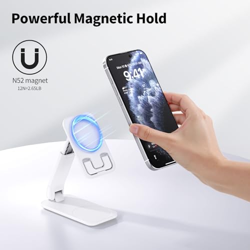 iWALK Magnetic Cell Phone Stand for Desk, Angle and Height Adjustable Mobile Phone Holder, Foldable Magnet Stand for iPhone 17 16 15 14 13 12 Pro Max and iPad, Cell Phone Holder for Samsung, White - color: White