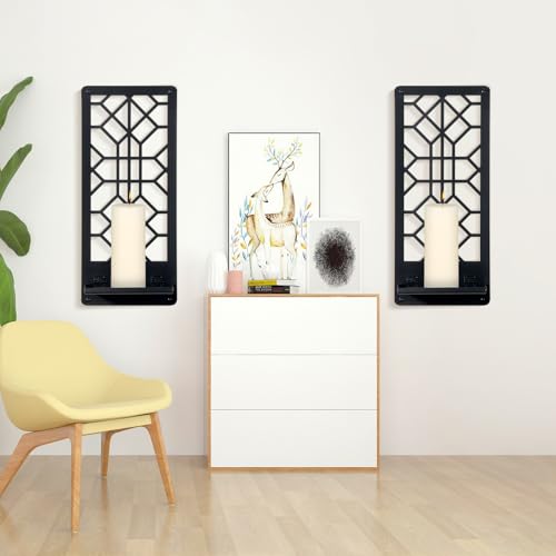 2 Pcs Black Metal Wall Art Bathroom Decor Candle Holder Wall Art Retro Line Wall Decor Living Room Minimalist Metal Wall-Mount Candle Sconces for Dining Room Bedroom Kitchen (Black-Retro)
