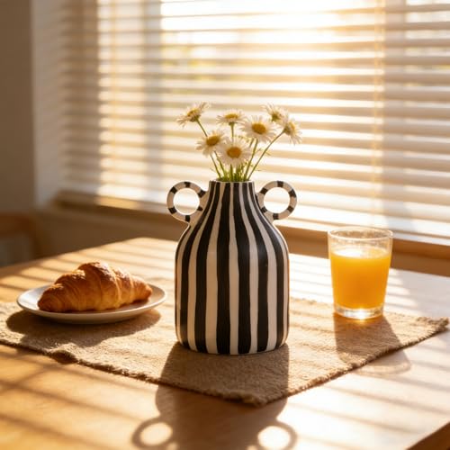 Modern Black and White Decor Striped Vase – Minimalist Funky Boho Home Accent Vase for Living Room Coffee Table Centerpiece, Office, Bookshelf, and Windowsill (B) - color: Black White