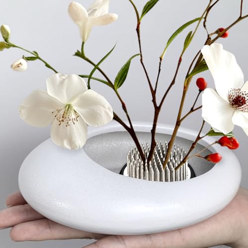 Flower Frog Vase Kit, Ikebana Flower Arrangement, Ceramic Water Drop Flower Pot & Flower Frog Flower Arrangement Vase Kit (White Small Size) - color: White Small Size