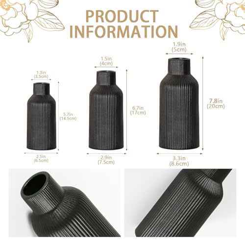 Bohemian Black Ceramic Vase - for Pampas Grass, Mantel, Bookshelf, Entryway and Living Room Decor (Black, Set of 3) - color: Black, size: Set of 3