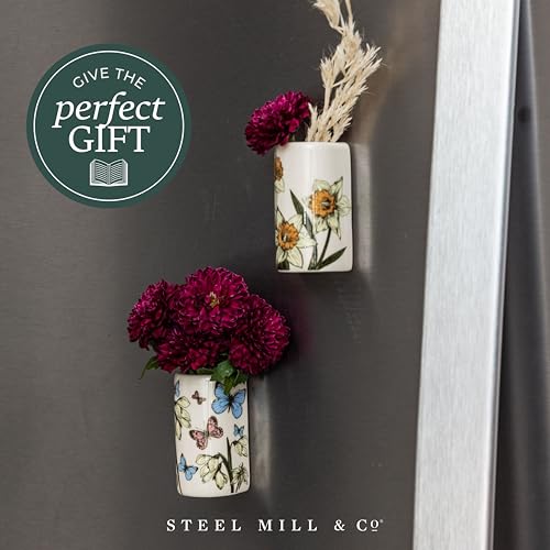 Steel Mill & Co Bud Vase Magnet Set of 2, Ceramic Mini Vases, Magnetic Backing for Fridge, Locker, or Filing Cabinet, Small Bud Holder (Wildflowers)