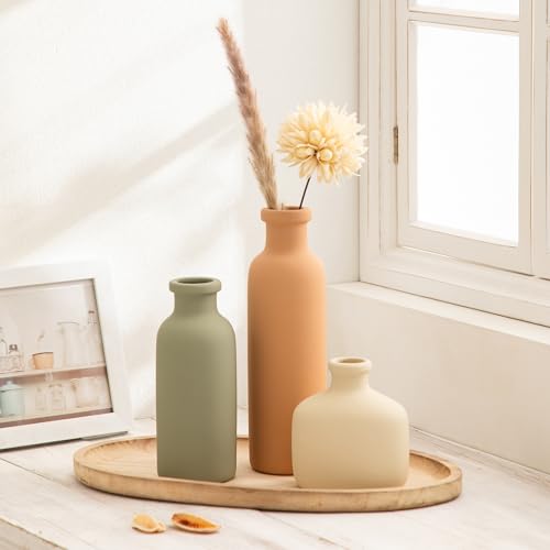 Ceramic Vase Set of 3 - Rustic Vases Set for Flower Centerpieces Pampas Grass - 3 Bud Vase for Decor - Modern Decoration Terracotta Vases for Home Farmhouse Table Office, Mini Pottery Vase by Lyeec - color: 202-3