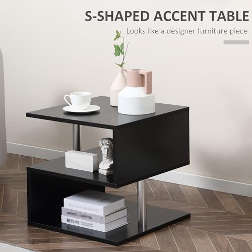 HOMCOM 20" Modern End Table, Accent Side Table, S-Shaped Coffee Table with Storage Shelf and Steel Poles, Black - color: Black