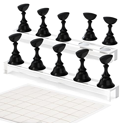 Nail Stand Acrylic Nail Art Display Stand Magnetic Nail Tips Practice Holder 54 Pcs Reusable Adhesive Putty for DIY Painting Nails Stand kit (Black) - color: Black