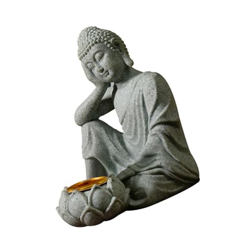 Meditating Buddhas Figurine Stone Sculpture with Tealight Candle Holder Meditation Statue Garden and Indoor Decoration