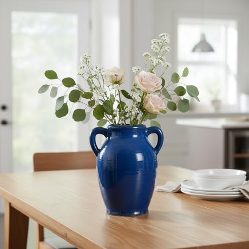 Sunddo Blue Ceramic Vase for Pampas Grass, 8 Inch Modern Decorative Vase with 2 Handles, Blue Centerpiece for Living Room Dining Entryway Living Table Farmhouse Office Decor - color: Blue, size: 8 Inch
