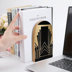 Wooden Bookends 2 Pcs,Art Deco Design Heavy Duty Office Book Ends Anti Slip Book Shelf Holder with Metal Base Decorative Book Stands - color: Art Deco Design
