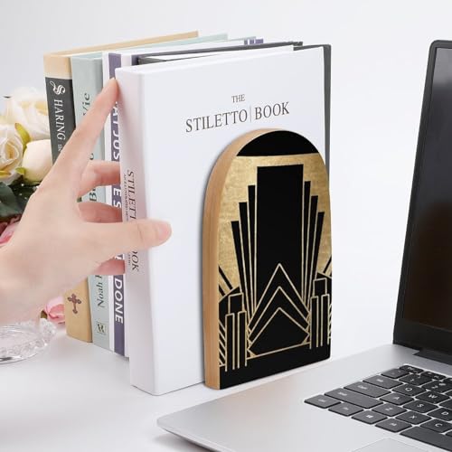 Wooden Bookends 2 Pcs,Art Deco Design Heavy Duty Office Book Ends Anti Slip Book Shelf Holder with Metal Base Decorative Book Stands - color: Art Deco Design