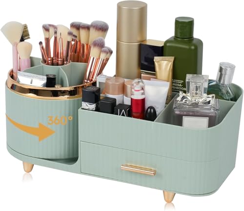 Makeup Organizer Countertop with Drawer 360 Rotating Brush Holder Storage Large Capacity Skincare Cosmetic Display Cases for Vanity Bathroom Desktop, Model 3016 Green - color: Green