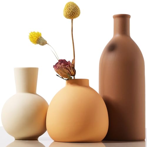 Joeabor Ceramic Vase Set of 3 - Handcrafted Ceramic Vases for Home Decor & Shelf - Modern Farmhouse Decor for Kitchen, Office, Bedroom & Living Room Decorative Objects for Mantel, Table Centerpieces - color: Set a