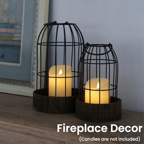 Perfnique Decorative Candle Lantern, Set of 2 Farmhouse Table Lanterns for Home Decor, Rustic Table Centerpieces for Dining Room, Fireplace Mantle Kitchen Decoration (Walnut)