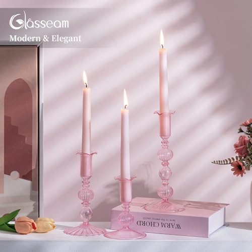 Glasseam Tapered Candlestick Holders Pink: Set of 3 Glass Candle Sticks Holder Decor with Bobeche Modern Ribbed Taper Candle Holders for Table Centerpiece Valentines Wedding Home Decorations - color: Pink