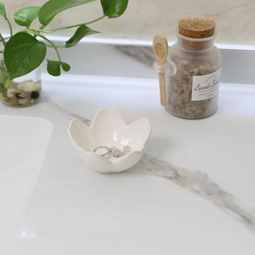 Flower Ring Dish Holder,Jewelry Dish Tray,Small Trinket Tray,Jewelry Plate Bowl,Key Bowl,Decorative Plate,Mothers Day Birthday Gifts for Women Mom Friends,Ceramic Kiln effect White - color: Kiln effect White