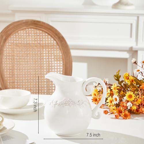 Ceramic Pitcher White Flower Vase, Farmhouse Ceramic Jug Vase for Home Décor, 7.3 inch Height. - color: Broad-bodied Pitcher
