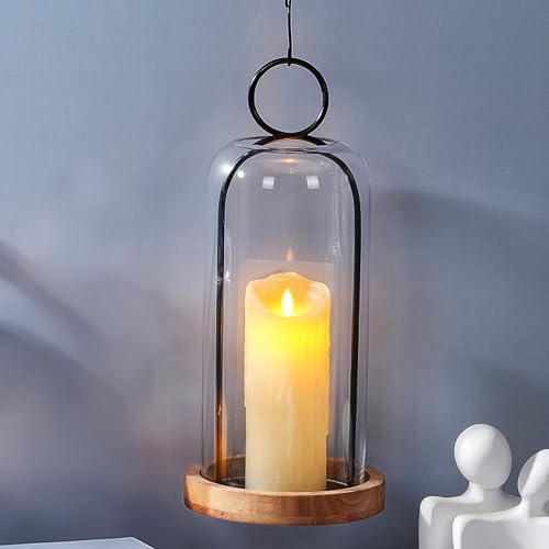 16" High Versatile Black Metal Candle Holder with Handmade Sturdy Glass Dome And Natural Wooden Base for Pillar Candle & Plants, Industrial, Farmhouse, Shabby Chic, Decorative Display Cloche Bell Jars - color: Black, size: 7"x16"