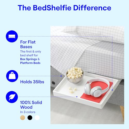 BedShelfie Bedside Shelf for Dorm Room Bunk Bed & Top Bunk, College Dorm Room Essentials, Bedside Caddy, Clip on Floating Desk Tray, Bed Side Table Storage, Loft Nightstand Decor- White Wood Slide - color: White