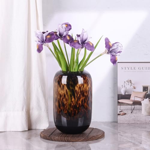 Amber Brown Glass Vase – Round Art Glass Vase with Tortoise Shell Pattern, Hand Blown Wide Mouth Decorative Centerpiece for Living Room, Dining Table or Entryway Home Decor - size: Large