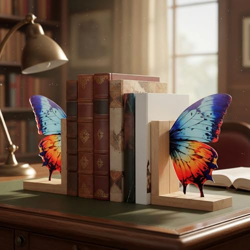 Decorative Butterfly Bookends Wooden Acrylic Butterflys Bookend Modern Bookshelf Decor Accent Book Stopper Decor for Home Farmhouse Shelves Office Lover Gift(Aglais Butterfly) - style: Aglais Butterfly