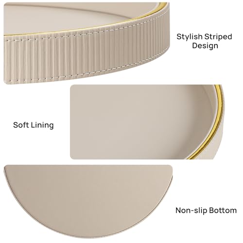 Round Decorative Tray for Coffee Table Decor, PU Leather Coffee Table Tray Golden Trim for Home Decor Living Room Dining Table, Perfume Trays Nightstand Organizer (Beige) - color: Beige